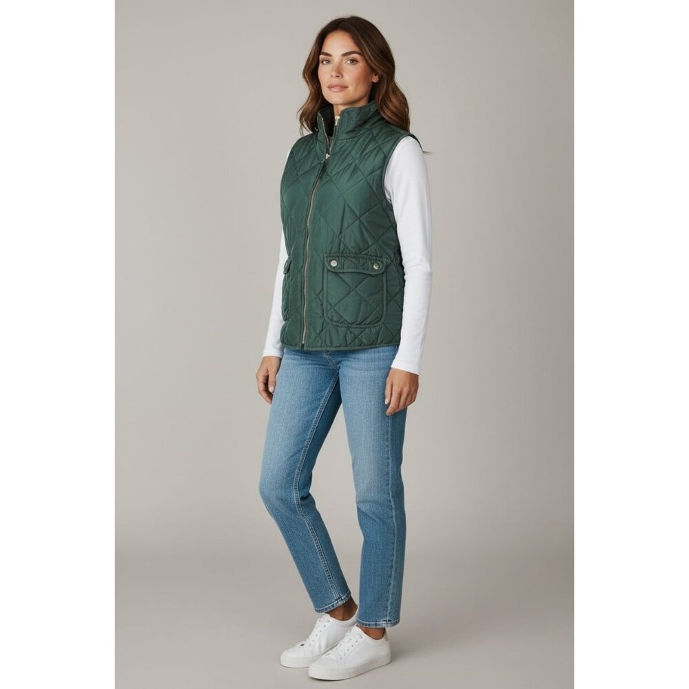 Thread & Supply Womens L Green Quilted Zip-Up Vest Snap Pockets Casual Cozy